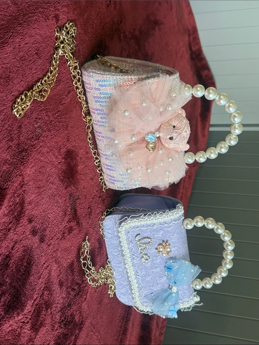 Pink Sequin & Tulle Kids Handbag with Pearl Handle